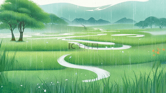 山水雨背景图片_春天清明节雨水山水雨中园林背景