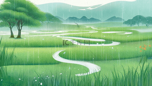 春天清明节雨水山水雨中园林背景