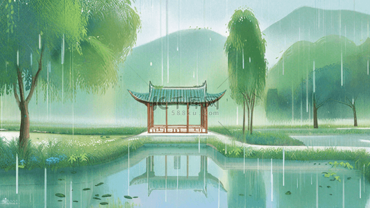 山水雨背景图片_春天清明节雨水山水雨中园林背景