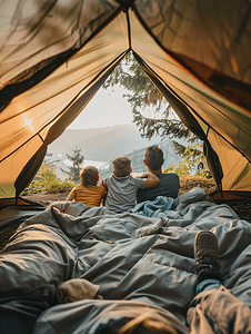 一家三口躺在帐篷里欣赏风景