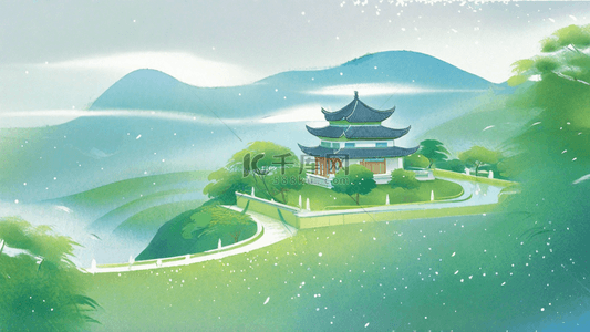 春天清明节雨水山水雨中园林背景