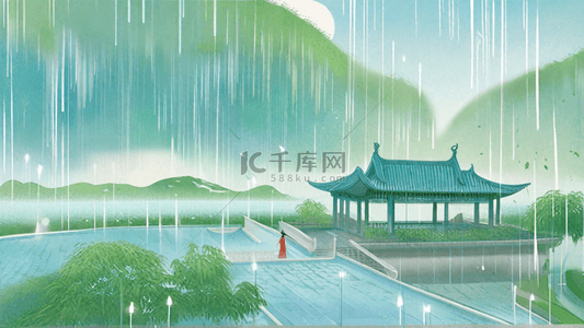 春天清明节雨水山水雨中园林背景