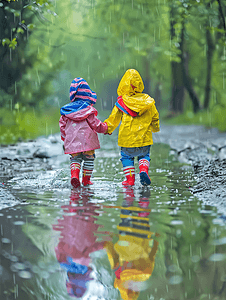 水花摄影照片_下雨天穿雨鞋的小朋友玩水