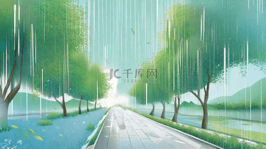 春天清明节雨水山水雨中园林背景