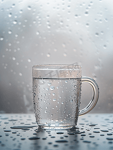 玻璃杯子摄影照片_雨天水珠玻璃咖啡杯