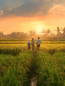 父母感恩父母摄影照片_夕阳下走在稻田里的一家人背影