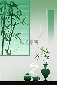 中国风谷雨背景图片_新中式绿色谷雨竹子花瓶雨水背景