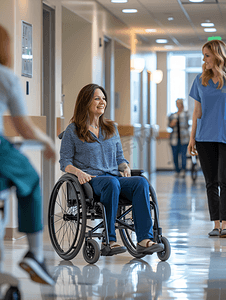理疗摄影照片_高级别的女性轮椅跟护士说话