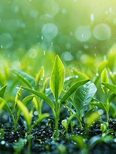 茶叶背景摄影照片_春天的谷雨茶叶嫩芽