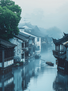 海面banner摄影照片_充满中国风的江南水乡雾气景色