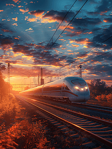 城市高铁背景摄影照片_夕阳下驶来的高铁列车