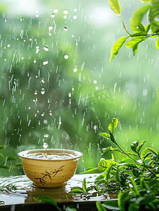 手绘茶叶条索摄影照片_春天谷雨茶叶嫩芽下雨雨水摄影