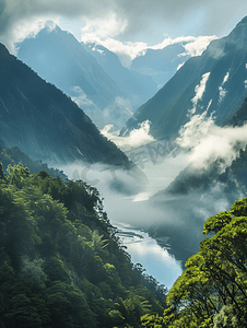 水墨河流摄影照片_山脉河流平流雾