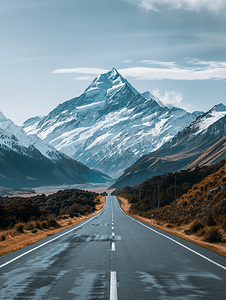 风景马路摄影照片_雪山下的公路新西兰自驾风光