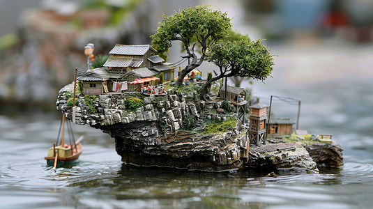 古城镇人物木雕模型立体描绘摄影照片3d
