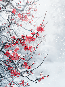 飘动摄影照片_冬天雪季里的梅花枝