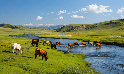 夏日天空摄影照片_呼伦贝尔草原河边的牛群