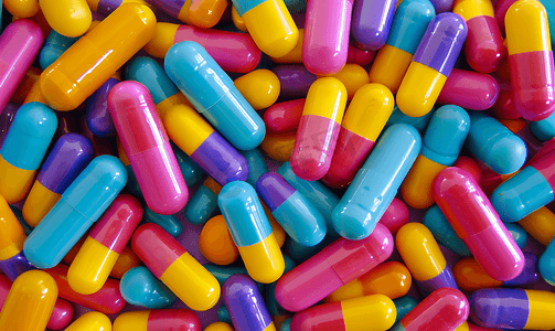 摄影照片_各种颜色彩色的药片和胶囊
