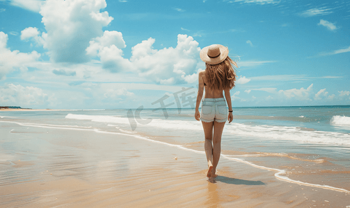 海边沙滩散步的美女背影