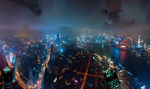 上海夕阳摄影照片_万家灯火的上海城市全景