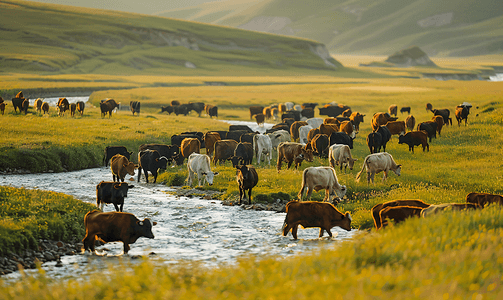 背景河流摄影照片_呼伦贝尔草原河边的牛群