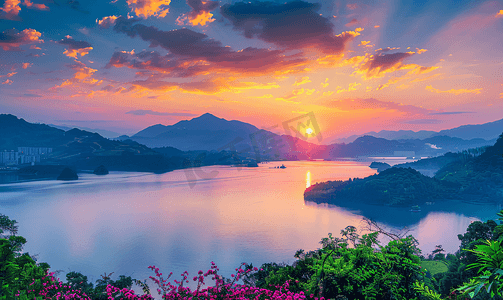 水墨天空摄影照片_千岛湖黎明风景