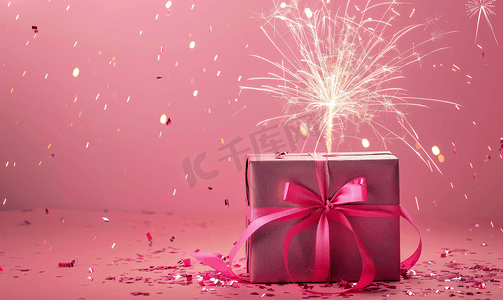 促文艺摄影照片_带有礼花的粉色礼物盒摆拍