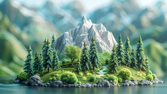 山谷模型森林人居立体描绘摄影照片3d