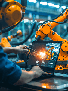 工程师触摸笔记本电脑检查和控制焊接机器人自动武器机在智能工厂汽车工业与监控系统软件数字化制造操作工业4.0