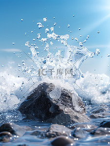 水蓝天背景图片_飞溅的水石头波浪设计图