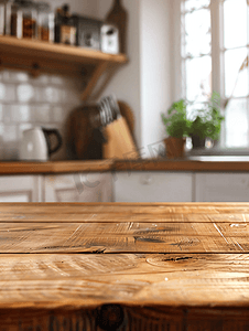 首页摄影照片_空的木桌和模糊的厨房背景