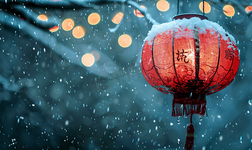 中国古韵摄影照片_红灯笼下雪