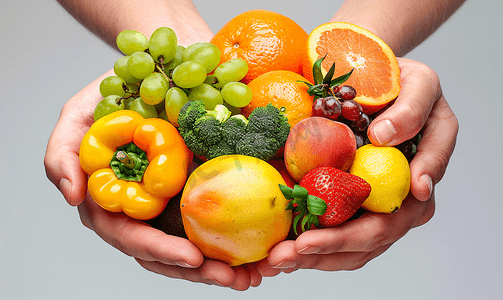 买水果摄影照片_拿着水果蔬菜的双手