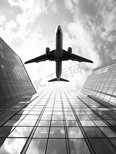摄影照片_黑白商业飞机与建筑