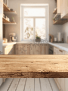 美食广告摄影照片_空的木桌和模糊的厨房背景