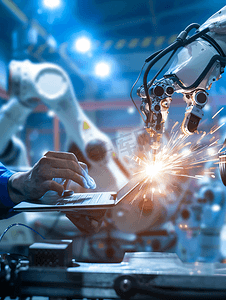 工程师触摸笔记本电脑检查和控制焊接机器人自动武器机在智能工厂汽车工业与监控系统软件数字化制造操作工业4.0