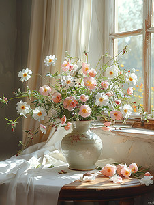 窗户边的桌子上花束图片