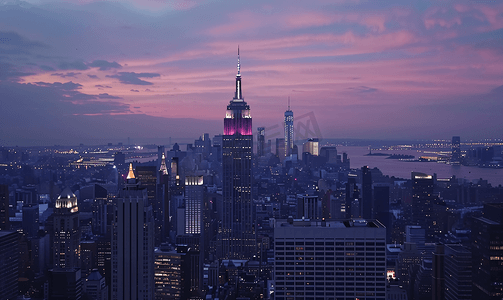美国纽约黄昏时分曼哈顿天际线和帝国大厦的景色