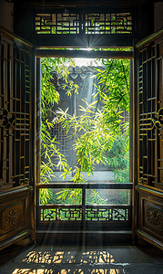 中式雕花木窗外的绿植1