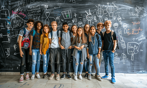 大学生图片摄影照片_站在黑板前合影的同学们