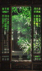 木窗摄影照片_中式雕花木窗外的绿植2