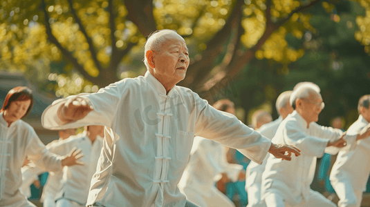 一群穿着白衣服在公园里打太极的老人