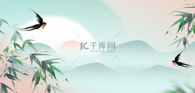 清明节竹叶燕子浅绿色简约中国风海报背景