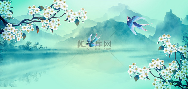 清明节梨花蓝绿色山水手绘背景