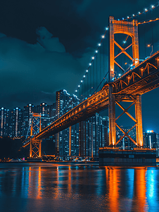 蓝色弧线摄影照片_跨海大桥城市夜景