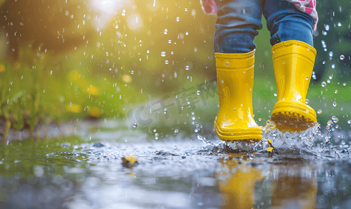 下雨天穿雨鞋的小朋友玩水