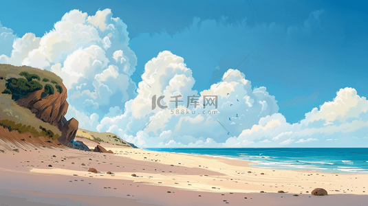 沙滩背景图片_蓝天白云下大海沙滩的背景9