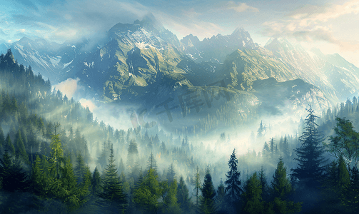 弥漫摄影照片_雾中的山林清晨