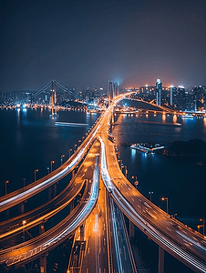 蓝色弧线摄影照片_跨海大桥城市夜景