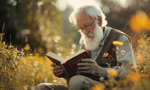 老年男性摄影照片_老爷爷户外看书